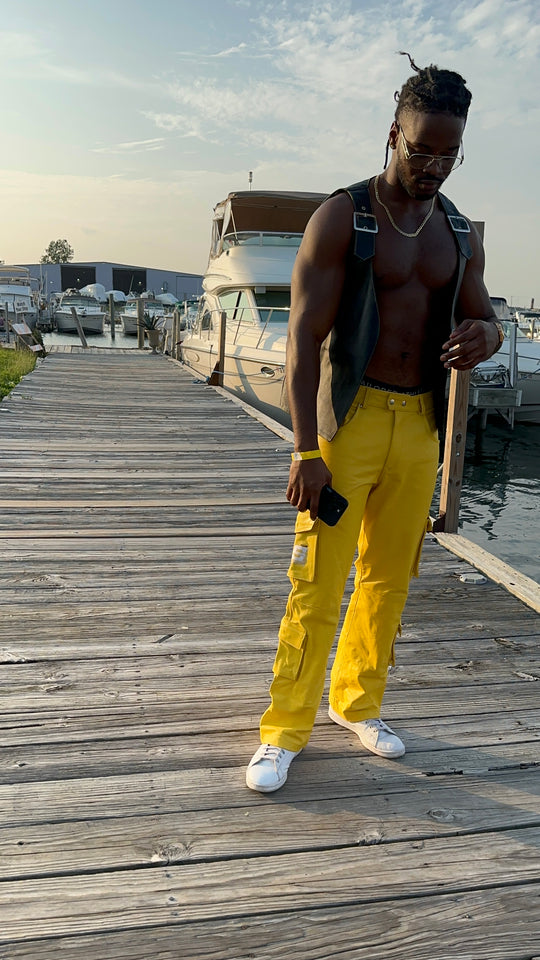 LS Extreme Sport Club Stacked Yellow Leather Cargo Pants